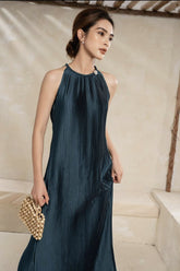 Halter Neck Pleated Midi Dress in Flowing Silk with Elegant A-Line Silhouette